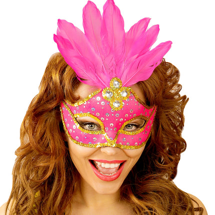 Widmann SRL Oogmasker Brazilie Met Veren En Parels Neon Rose