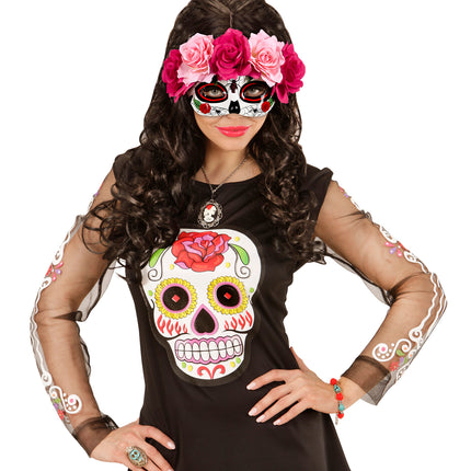 Widmann SRL Oogmasker Dia De Los Muertos met roze bloemen.
