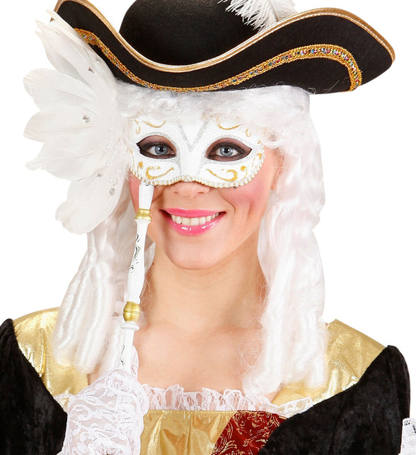 Widmann SRL Oogmasker op stokje wit met veren