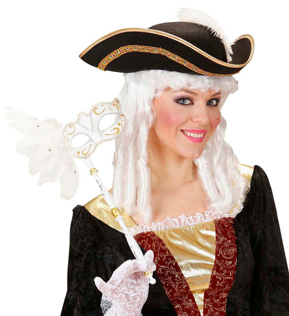 Widmann SRL Oogmasker op stokje wit met veren