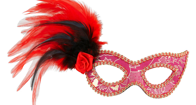 Widmann SRL Oogmasker roze met veren zwart rood