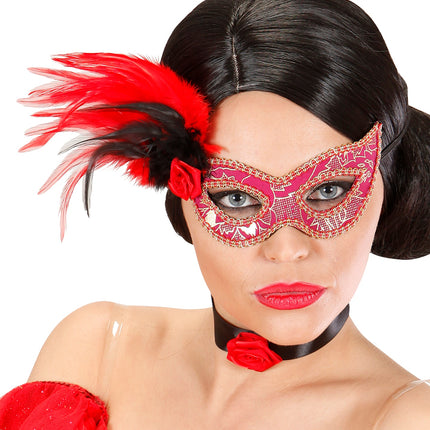 Widmann SRL Oogmasker roze met veren zwart rood