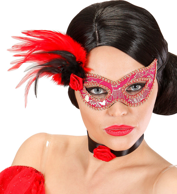 Widmann SRL Oogmasker roze met veren zwart rood