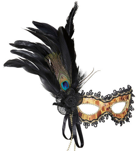 Widmann SRL Oogmasker zwart met veren goud en kant