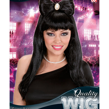 Widmann SRL pruik glamrock zwart met strik en juwelen