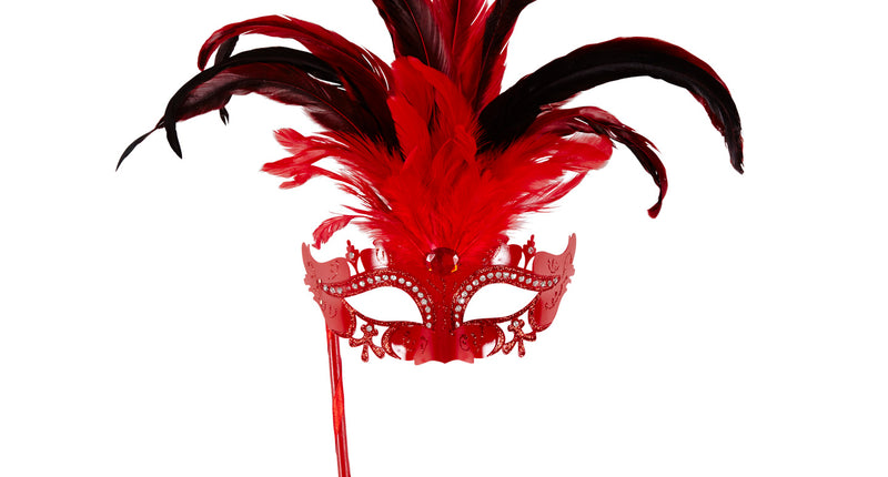 Widmann SRL Rode oogmasker met veren op stokje