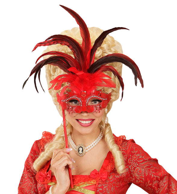 Widmann SRL Rode oogmasker met veren op stokje