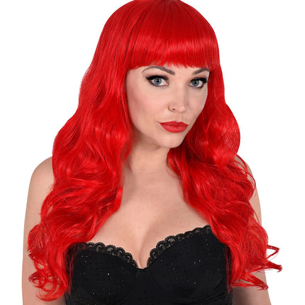 Widmann SRL Rode pruik met pony en lang krullend haar