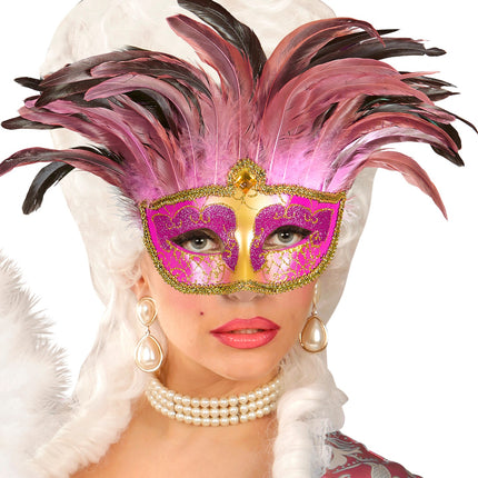 Widmann SRL Roze oogmaskers met veertjes