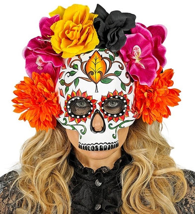 Widmann SRL Schedelmasker dag van de doden met gekleurde bloemen Anouk