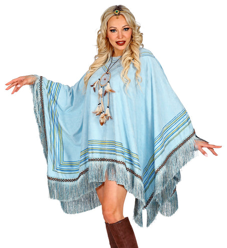 Widmann SRL Suede poncho in hemelsblauw met print unisex