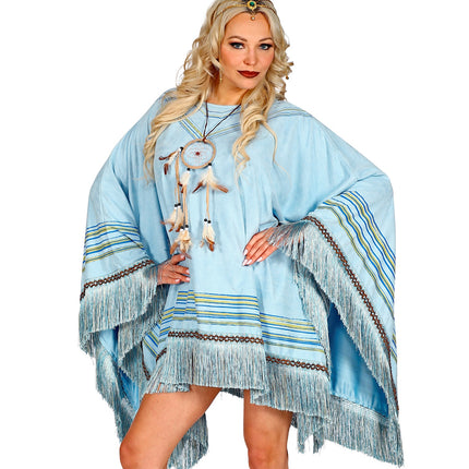 Widmann SRL Suede poncho in hemelsblauw met print unisex