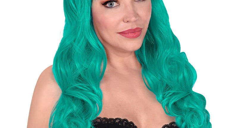 Widmann SRL Turquoise pruik met pony en lang krullend haar