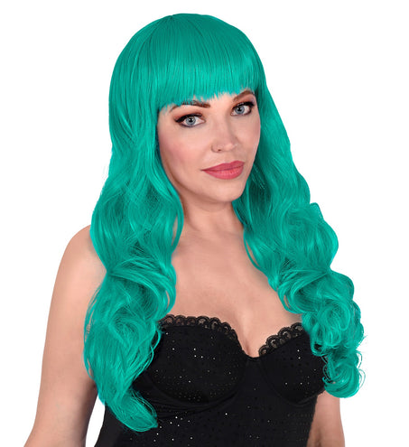 Widmann SRL Turquoise pruik met pony en lang krullend haar