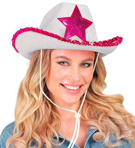 Widmann SRL Witte cowboyhoed met roze paillettten ster