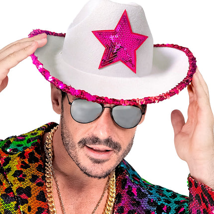 Widmann SRL Witte cowboyhoed met roze paillettten ster