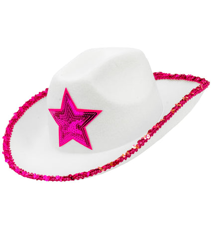 Widmann SRL Witte cowboyhoed met roze paillettten ster