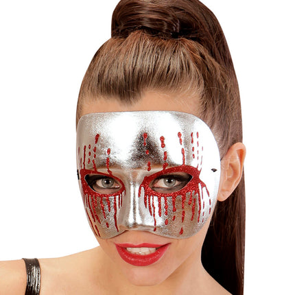 Widmann SRL Zilver metallic psychomasker met bloedende ogen