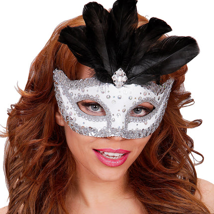 Widmann SRL Zilveren oogmasker met zwarte veren