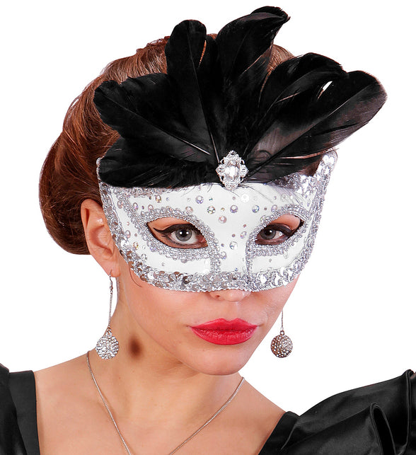 Widmann SRL Zilveren oogmasker met zwarte veren