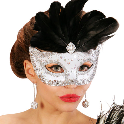 Widmann SRL Zilveren oogmasker met zwarte veren