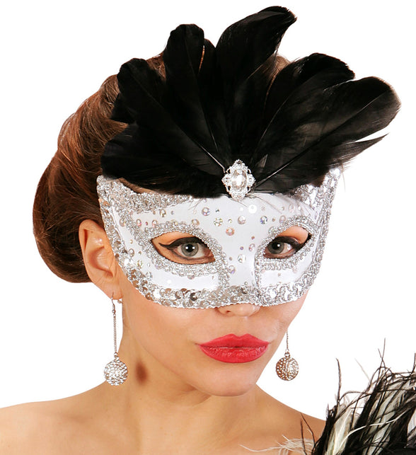 Widmann SRL Zilveren oogmasker met zwarte veren