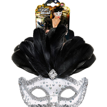 Widmann SRL Zilveren oogmasker met zwarte veren