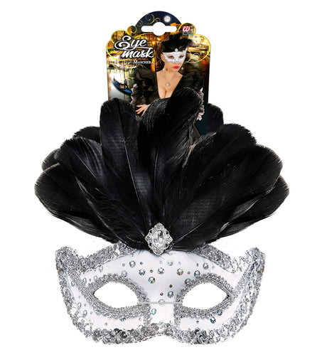 Widmann SRL Zilveren oogmasker met zwarte veren
