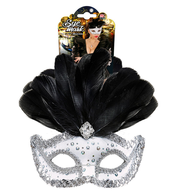 Widmann SRL Zilveren oogmasker met zwarte veren