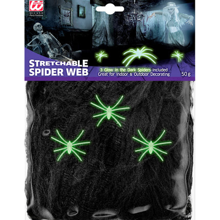 Widmann SRL Zwart spinnenweb met drie glow in the dark spinnen