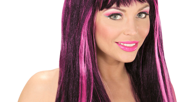 Widmann SRL Zwarte pruik met neon roze strepen