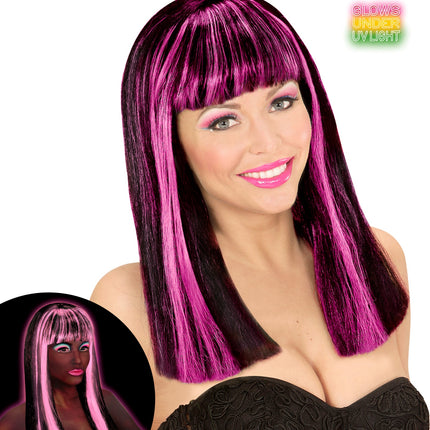 Widmann SRL Zwarte pruik met neon roze strepen