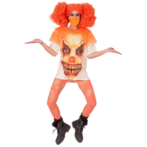 Wit clowns t-shirt met grijnzende tandenrij op de print, gedragen als lang shirt
