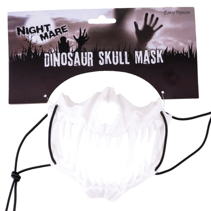Wit dino tanden masker van pvc met lange hoektanden en zwart elastiek op verpakkingskaart