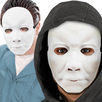 Wit gezichtsmasker gedragen onder zwarte capuchon, blanco mannengezicht