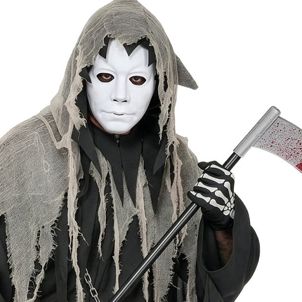 Wit gezichtsmasker heren bij grijs gehavend gewaad voor Halloween