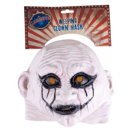 Wit latex zombiemasker in verpakking, kaal hoofd met rimpels en zwarte grijns
