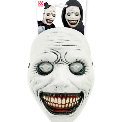 Wit monstermasker met bolle ogen in verpakking van Widmann met draagvoorbeelden