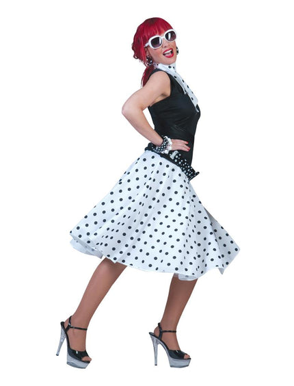 Wit stippenrokje met zwarte polka dots en bijpassende sjaal voor dames, voor een jaren 50-feest