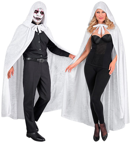 Witte cape met kap in fluweel, 140 cm lang, gedragen door dame en heer met Halloweenschmink