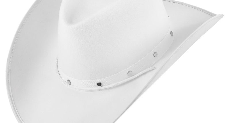 Witte cowboyhoed met studs, vilten look en opgebogen brede rand, vooraanzicht