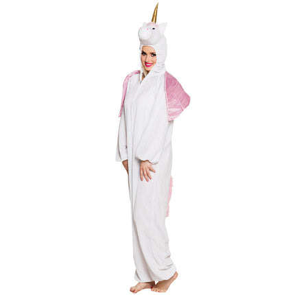 Witte eenhoorn onesie zijaanzicht met roze vleugel, capuchon met gouden hoorn en pluizige staart