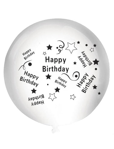 Witte happy birthday ballon van 92 cm met zwarte opdruk, sterren en krullen rondom