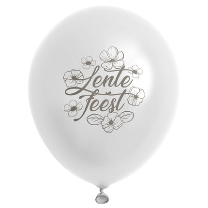 Witte lentefeest ballon met grijsbruine bloemen en sierletters