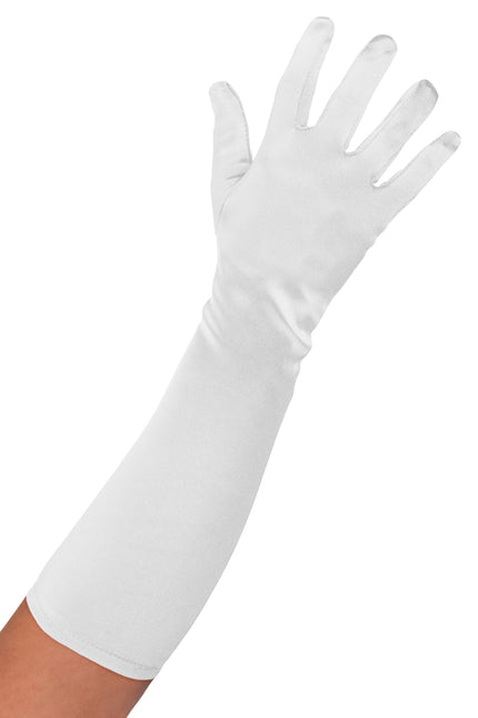 Witte satijnen handschoenen 40 cm met glanzende afwerking en gesloten vingers, gedragen tot over de onderarm