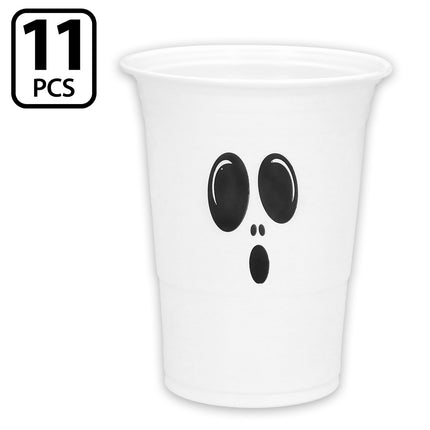 Witte spookbeker met grote zwarte ogen uit het drankspel Halloween beer pong, elf stuks in de set