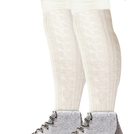 Witte Tiroler kniekousen tot onder de knie, detail van het gebreide kabelpatroon en de brede boord