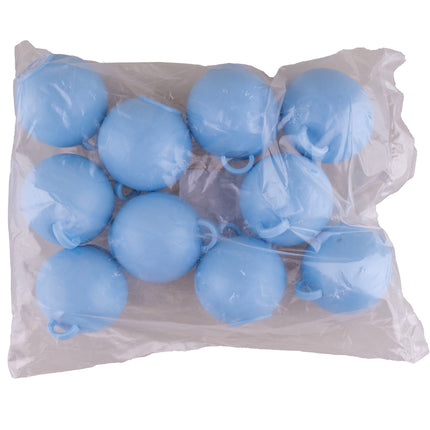 Zak met lichtblauwe ronde ballongewichten met lus, klaar voor heliumballonnen op een feest