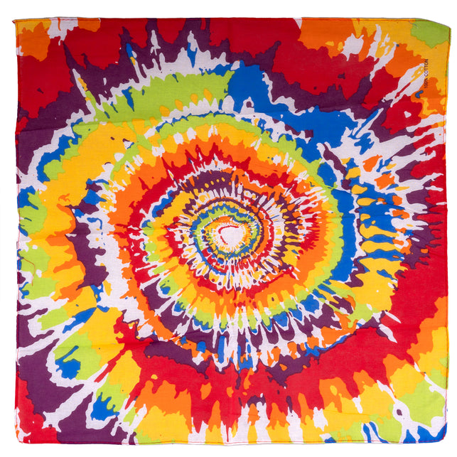Zakdoek hippie tie-dye uitgevouwen, vierkante bandana met spiraalprint in rood, blauw, geel en groen