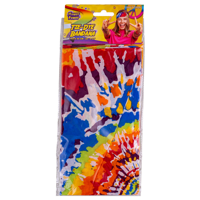 Zakdoek hippie tie-dye in verpakking van Funny Fashion met tie-dye bandana in regenboogkleuren